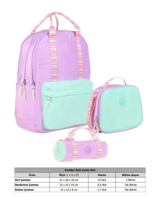 Double Stripe Kız Çocuk İlkokul Üçlü Okul Çantası Seti - Lila - Çift Renk