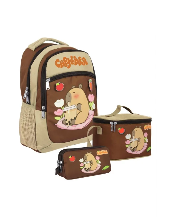(Erkek Çocuk - Bej - Kahverengi) İlkokul Üçlü Çanta Seti - SETCPB5230A
