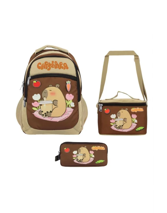 (Erkek Çocuk - Bej - Kahverengi) İlkokul Üçlü Çanta Seti - SETCPB5230A