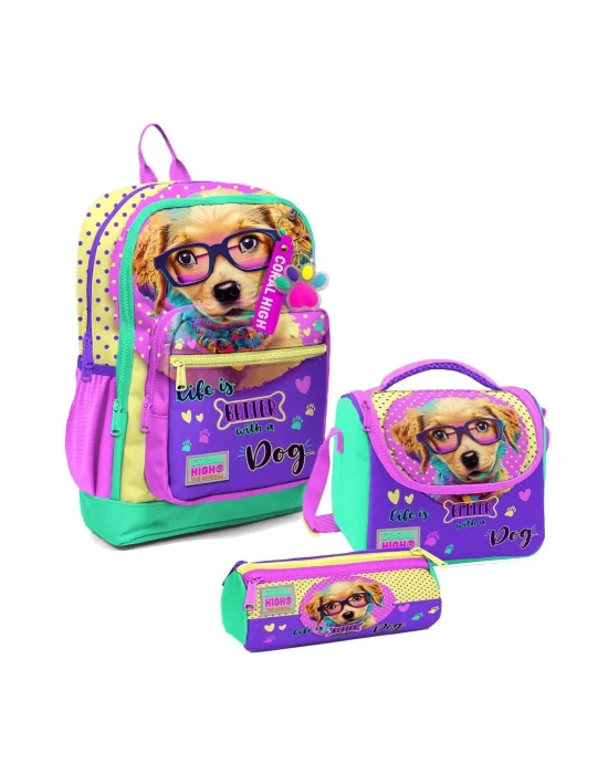 Kız Çocuk Üçlü İlkokul Okul Çanta Seti - Sarı Pembe Sevimli Köpek