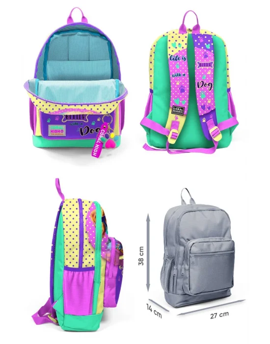 Kız Çocuk Üçlü İlkokul Okul Çanta Seti - Sarı Pembe Sevimli Köpek