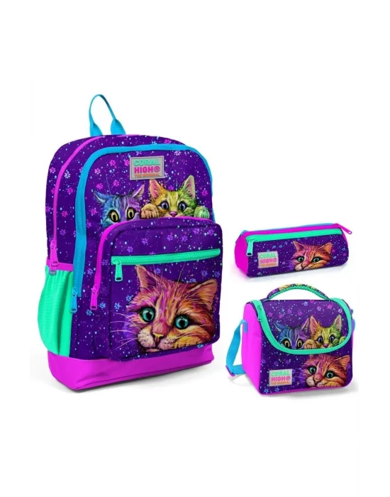 Mor Kedi Üçlü İlkokul Okul Çanta Seti