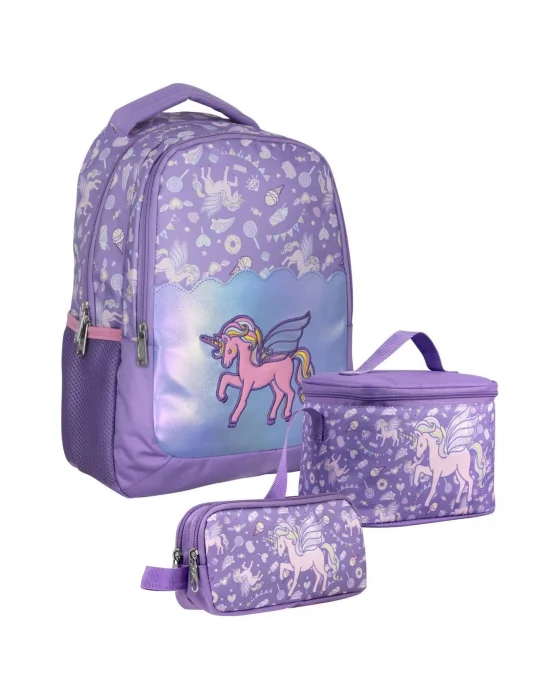 SETUMT5027A Üçlü İlkokul Çanta Seti (Lila - Nakışlı Unicorn Pegasus - Kız - Parlak Kumaş)