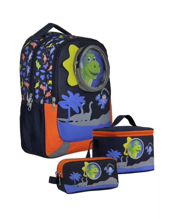 SETUMT5009A Üçlü İlkokul Çanta Seti (Mavi Kırmızı - Sevimli Dinazor - Erkek - 3D Tasarım)