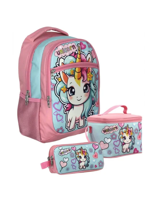SETUMT5048A Üçlü İlkokul Çanta Seti (Pembe Turkuaz - Bebek Unicorn - Kız Çocuk)