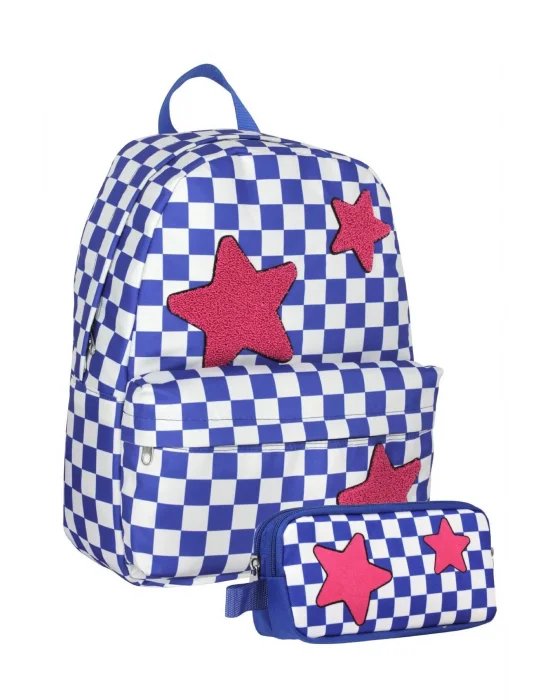 (Mavi Kırmızı - Nakışlı Yıldız - Kız) Okul Sırt Çantası ve Kalem Çantası Seti - SETUMT5086C