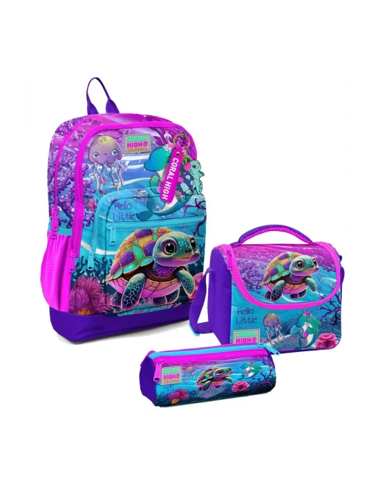Kız Çocuk Üçlü İlkokul Okul Çanta Seti - Pembe Mor Kaplumbağa