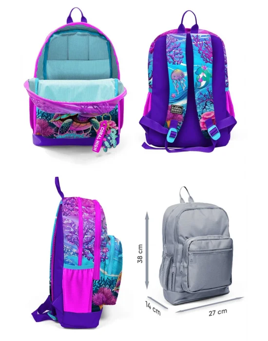 Kız Çocuk Üçlü İlkokul Okul Çanta Seti - Pembe Mor Kaplumbağa