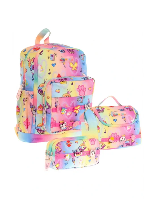 Kids Üçlü İlkokul 1.2.3.4. Sınıf Okul Çanta Seti - Mavi Sarı - Kız Çocuk - Silikon Aksesuarlı