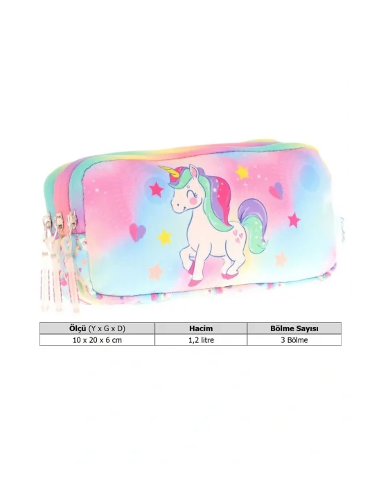 Kids Çok Renkli, Unicorn, Kız Çocuk Üç Gözlü Okul Kalem Çantası - L8243