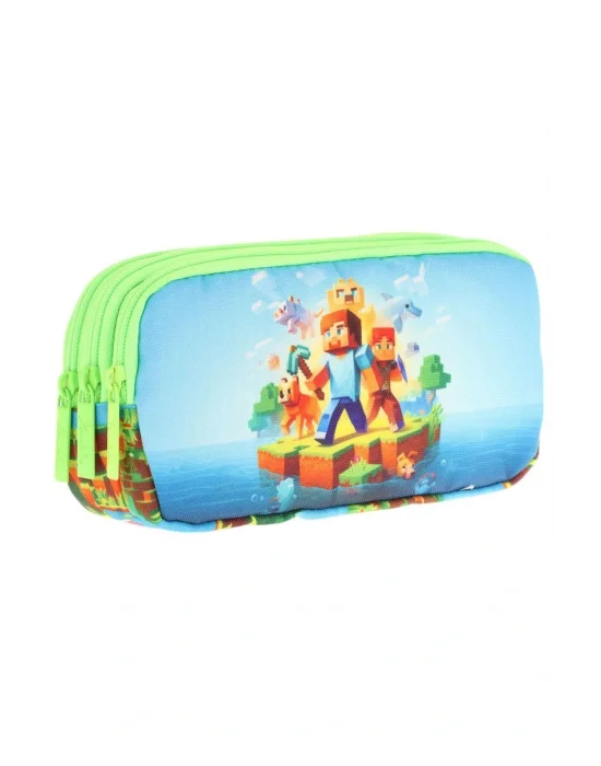 Kids Yeşil Mavi, Craft Temalı, Erkek Çocuk Üç Bölmeli Kalemlik/Kalem Çantası - L8280