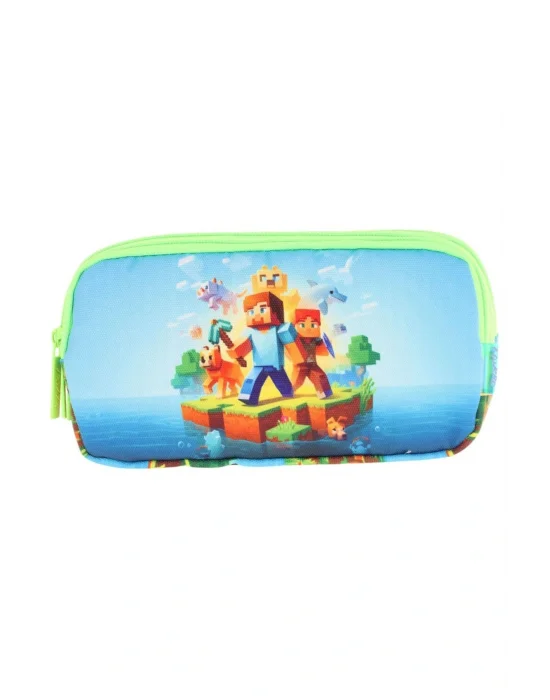 Kids Yeşil Mavi, Craft Temalı, Erkek Çocuk Üç Bölmeli Kalemlik/Kalem Çantası - L8280