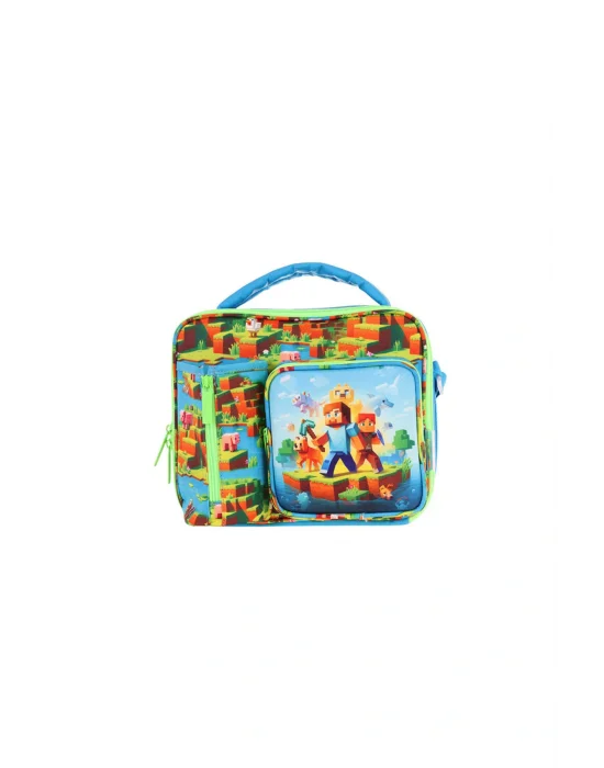 Erkek Mavi Yeşil Craft Desenli Thermo Üç Bölme (Matara Cepli) Okul Beslenme Çantası L7280