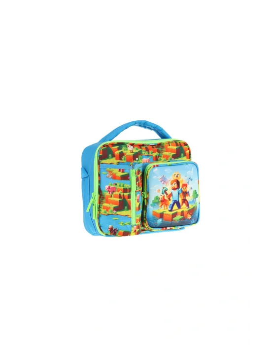 Erkek Mavi Yeşil Craft Desenli Thermo Üç Bölme (Matara Cepli) Okul Beslenme Çantası L7280