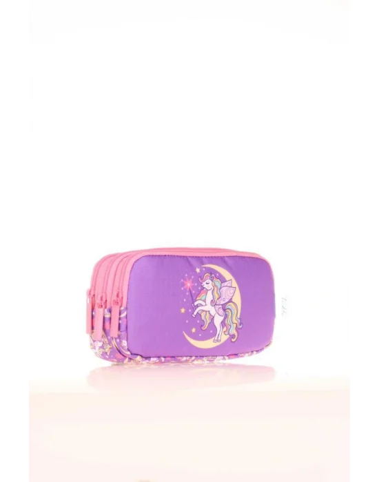 Kids 3 Bölmeli Kalem Çantası Flat Unicorn Lila L8150