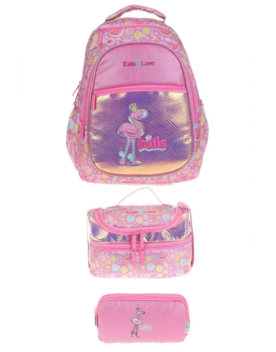 Kids&love 3 Lü Set Aynalı-simli Flamingo Sırt Çantası Ve Beslenme Çantası Ve Kalem Çantası
