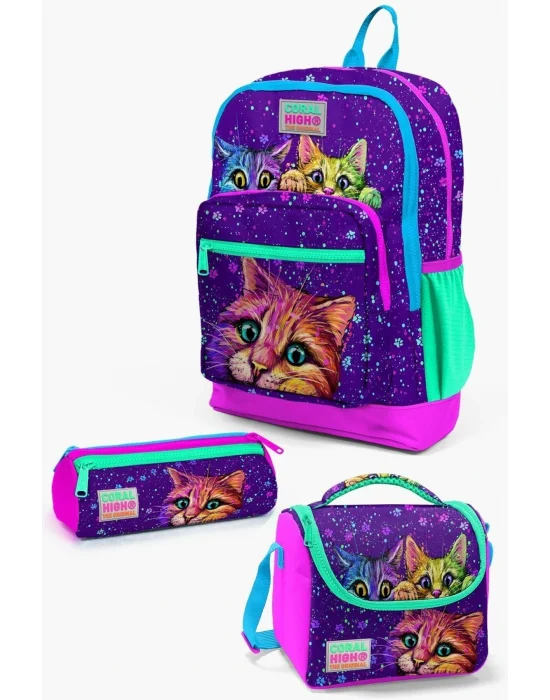 Kids 23732 Mor Pembe Kedi Desenli 3’lü Okul Çanta Seti