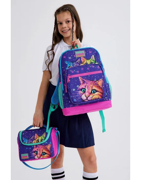 Kids 23732 Mor Pembe Kedi Desenli 3’lü Okul Çanta Seti