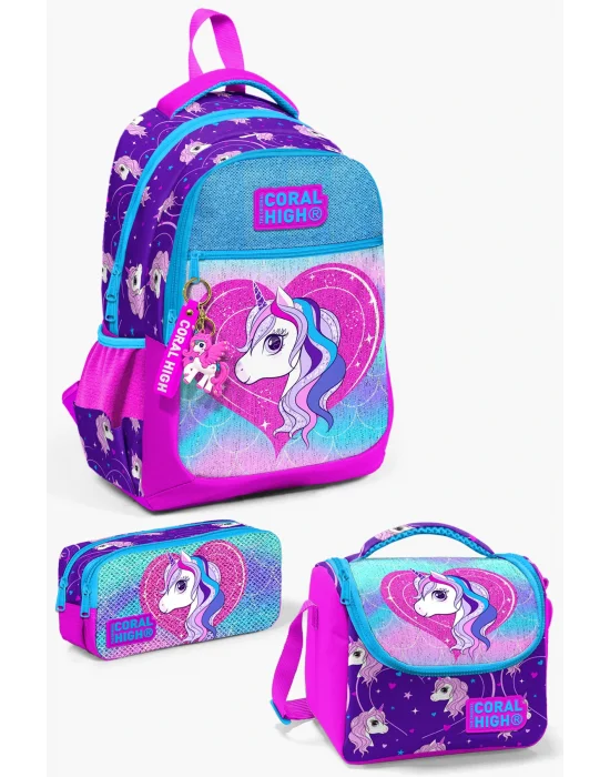 Kids Mor Pembe Unicorn Desenli 3’lü Okul Çanta Seti SET0123492