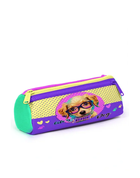 Sarı Pembe Sevimli Köpek Desenli Üç Bölmeli Kalem Çantası 22052