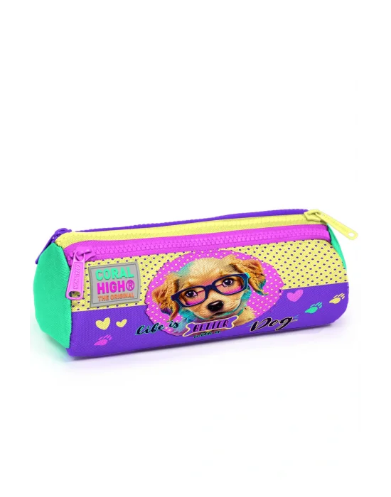 Sarı Pembe Sevimli Köpek Desenli Üç Bölmeli Kalem Çantası 22052