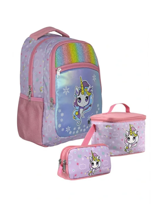SETUMT5015A Üçlü İlkokul Çanta Seti (Turkuaz Pembe - Gökkuşağı Unicorn - Kız - Simli Kumaş)