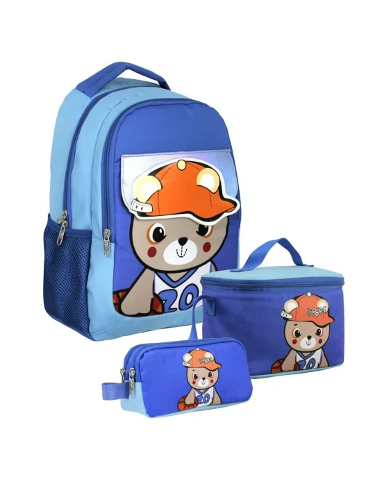 SETUMT5021A Üçlü İlkokul Çanta Seti (Mavi - Şapkalı Ayıcık - Erkek - Şapka Detaylı Bölme)