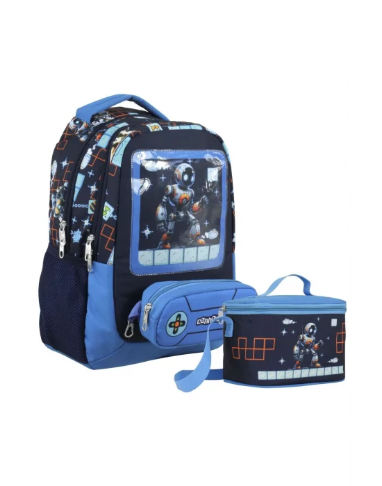 Oyun Konsolu Desenli Erkek Çocuk Mavi Siyah İkili Çanta ve Beslenme Seti - SETUMT5030B
