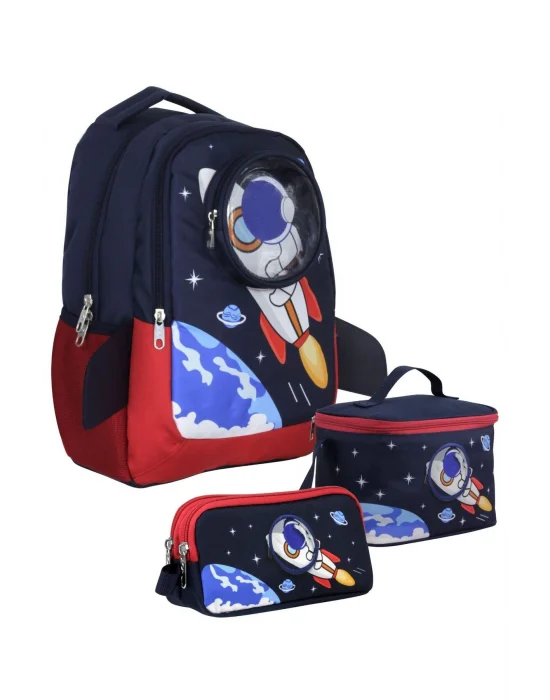 SETUMT5042A Üçlü İlkokul Çanta Seti (Lacivert Kırmızı - 3D Astronot - Erkek Çocuk)