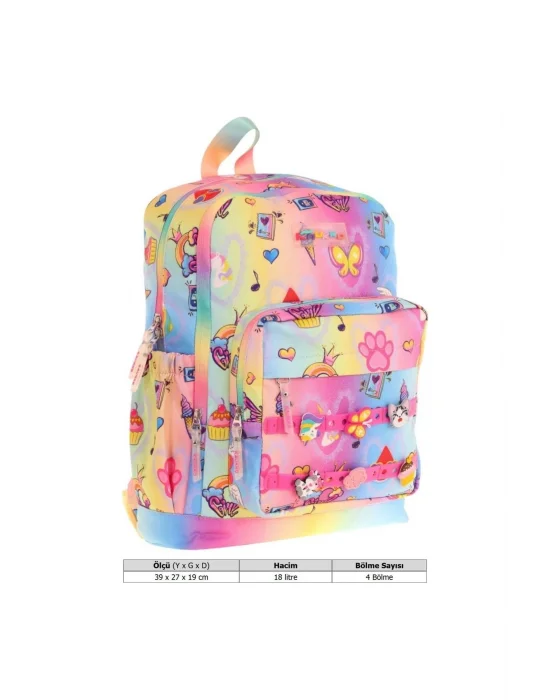 Kids Dört Bölmeli Kız Çocuk Silikon Aksesuarlı Mavi Sarı İlkokul Çantası