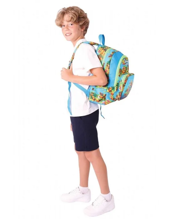 Kids Üç Bölmeli (Mavi Yeşil - Craft Baskılı) Erkek Çocuk Okul ve Günlük Sırt Çantası - L5280
