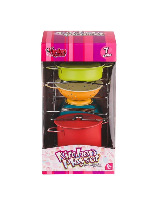 Atf-683g-5 Renkli Raflı Emaye Tencere Tava  Seti 7 Parça -vardem Oyuncak