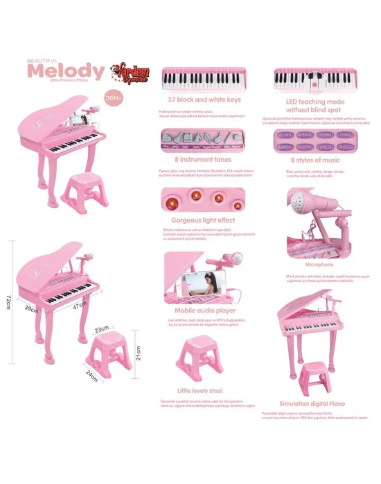 Bao-1403-0213 Pink 37 Tuş Büyük Pembe Piyano Mp3 Ve Mikrofonlu