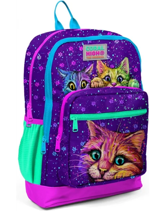Coral High Mor Pembe Kedi Desenli Dört Bölmeli Okul Sırt