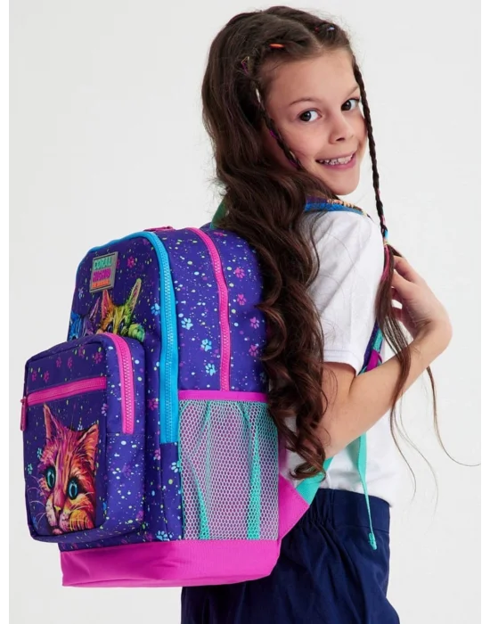 Coral High Mor Pembe Kedi Desenli Dört Bölmeli Okul Sırt