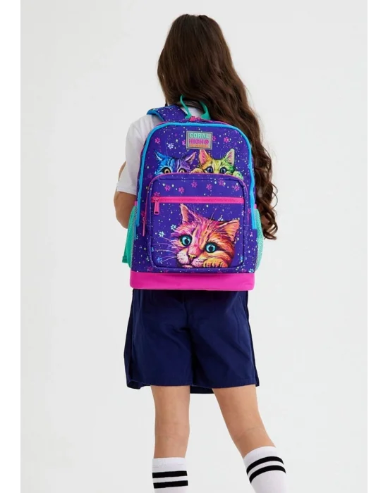Coral High Mor Pembe Kedi Desenli Dört Bölmeli Okul Sırt