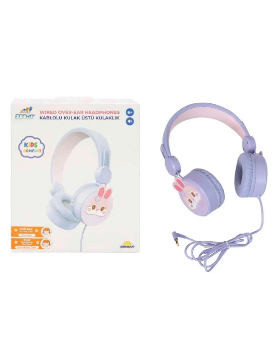 S0000007 -sun-gle-ech-kulaklık Mikrofonlu Kablolu Tavşan Resimli Lila