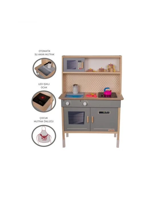 T1030 Ahşap Su Akan Musluklu Ve Ledli Çocuk Mutfağı Yeşil