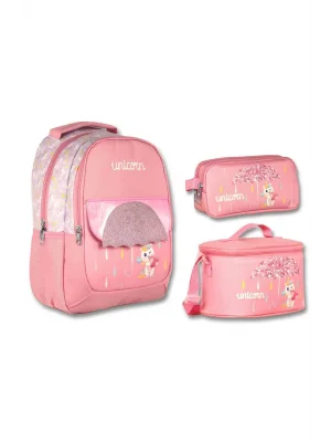 Cennec Simli Unicorn Baskılı Pembe Kız Çocuk Üçlü İlkokul Çanta Seti