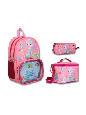 Cennec Şeffaf Bölmeli Pembe Deniz Kızı İlkokul Sırt Çantası Seti - Kız Çocuk