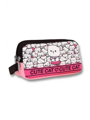 Ümit Çanta 5014 (Sevimli Kediler Desenli - Pembe Beyaz Renkli) Kız Çocuk Kalem Çantası