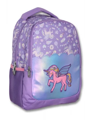 Ümit Çanta Nakışlı Unicorn Kız Çocuk Üç Gözlü Lila Renk Okul Çantası - 5027