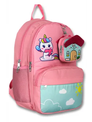 Cennec 5051 (Unicorn - Pembe Yeşil - Kız Çocuk) Okul Çantası - Sevimli Anahtarlık Dahil