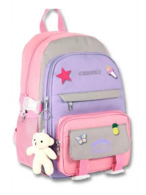 Cennec Çok Bölmeli Kız Çocuk Pembe Gri İlkokul ve Günlük Sırt Çantası - 5072