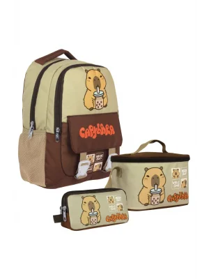 (Erkek Çocuk - Kahverengi - Bej) İlkokul Üçlü Çanta Seti - SETCPB5200A