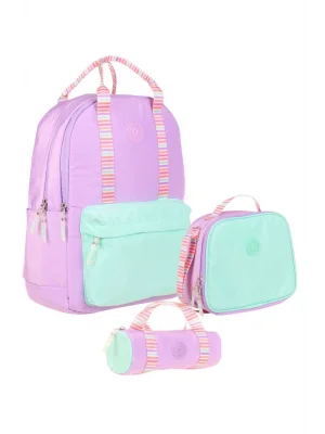 Double Stripe Kız Çocuk İlkokul Üçlü Okul Çantası Seti - Lila - Çift Renk