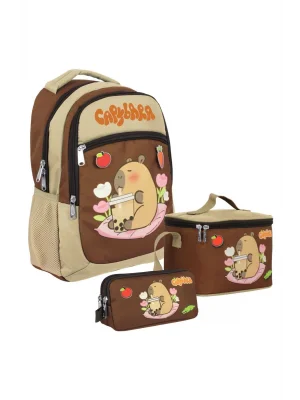 (Erkek Çocuk - Bej - Kahverengi) İlkokul Üçlü Çanta Seti - SETCPB5230A
