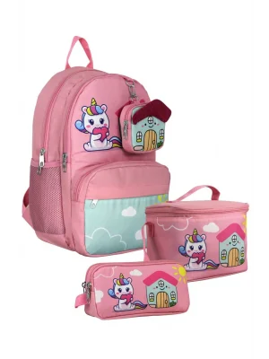 SETUMT5051A Üçlü İlkokul Çanta Seti (Pembe Yeşil - Unicorn - Kız - Sevimli Anahtarlık Dahil)