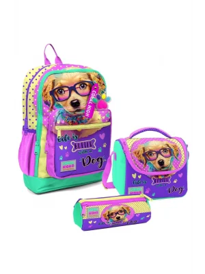 Kız Çocuk Üçlü İlkokul Okul Çanta Seti - Sarı Pembe Sevimli Köpek