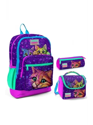 Mor Kedi Üçlü İlkokul Okul Çanta Seti